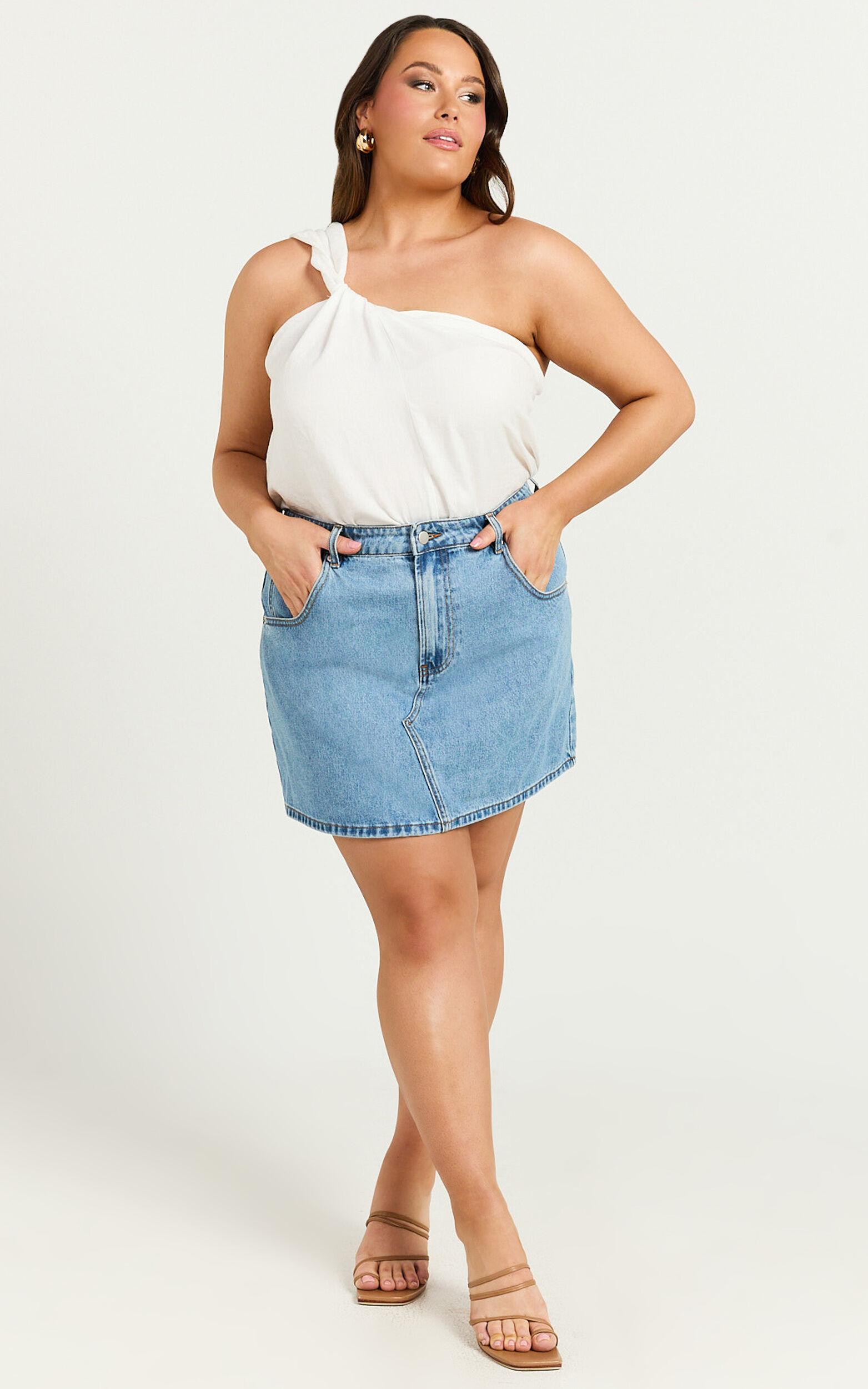 Jaden Mini Skirt - High Waisted Recycled Denim Mini Skirt in Mid Blue Wash Product Image