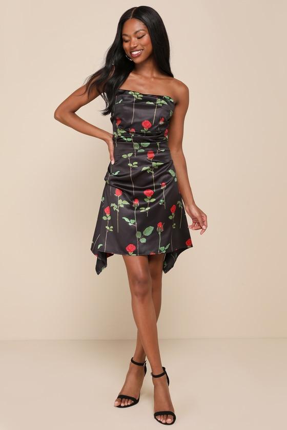 Truly Refined Black Rose Print Satin Strapless Mini Dress Product Image