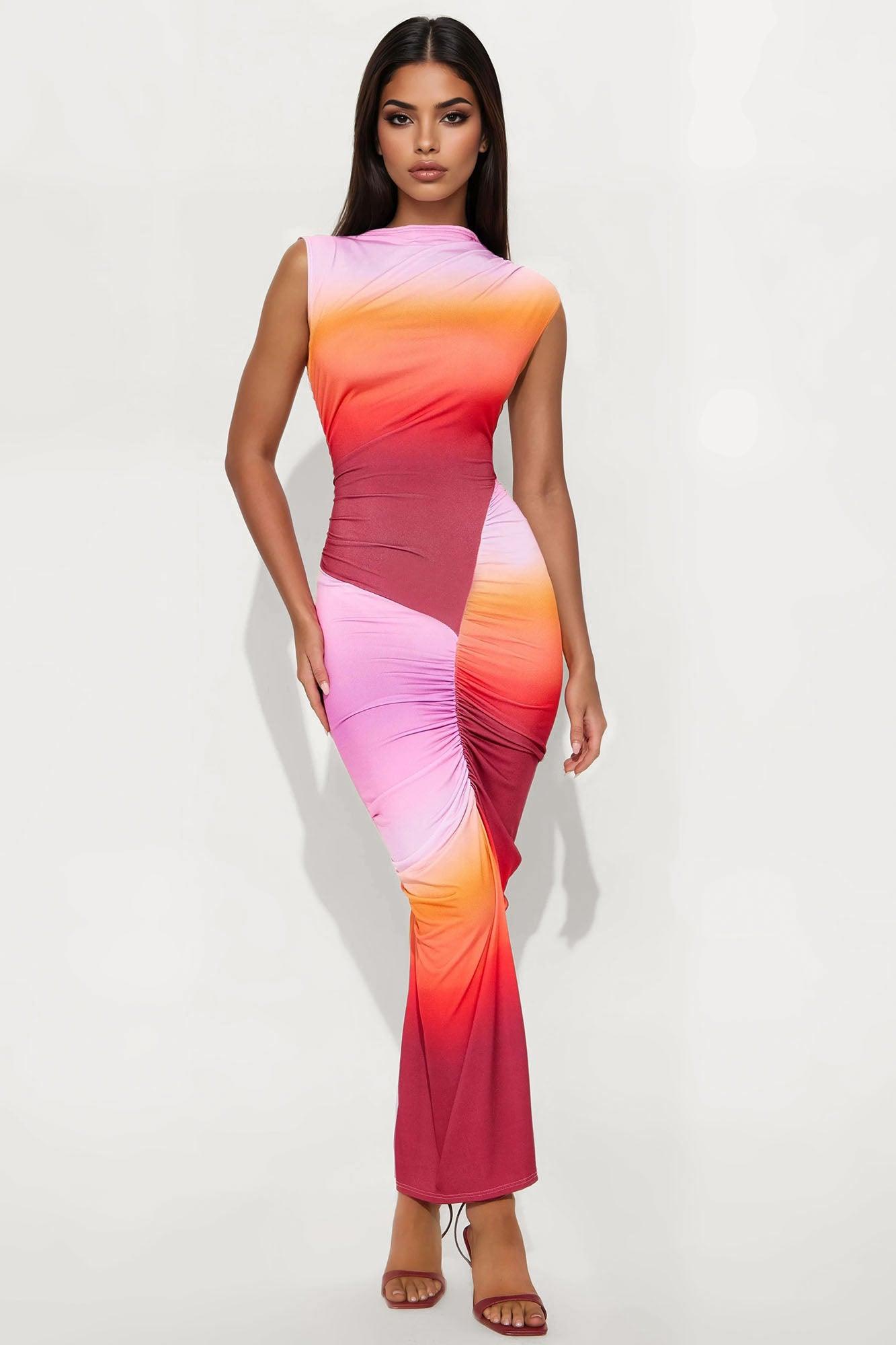 Candy Skies Ombre Asymmetrical Maxi Dress - Orange/combo Female Product Image