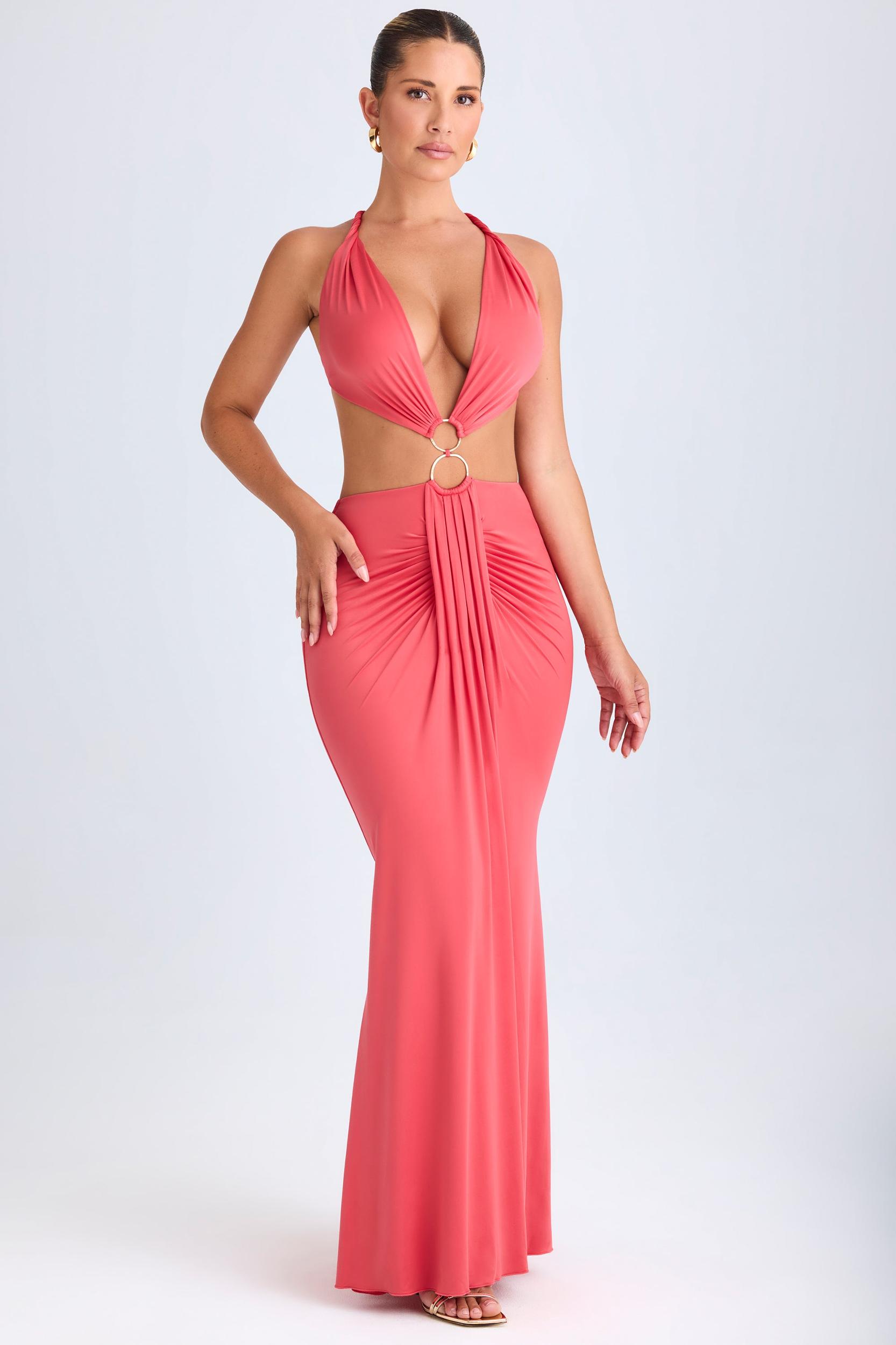 Hardware Detail Cut-Out Halterneck Maxi Dress in Coral Product Image