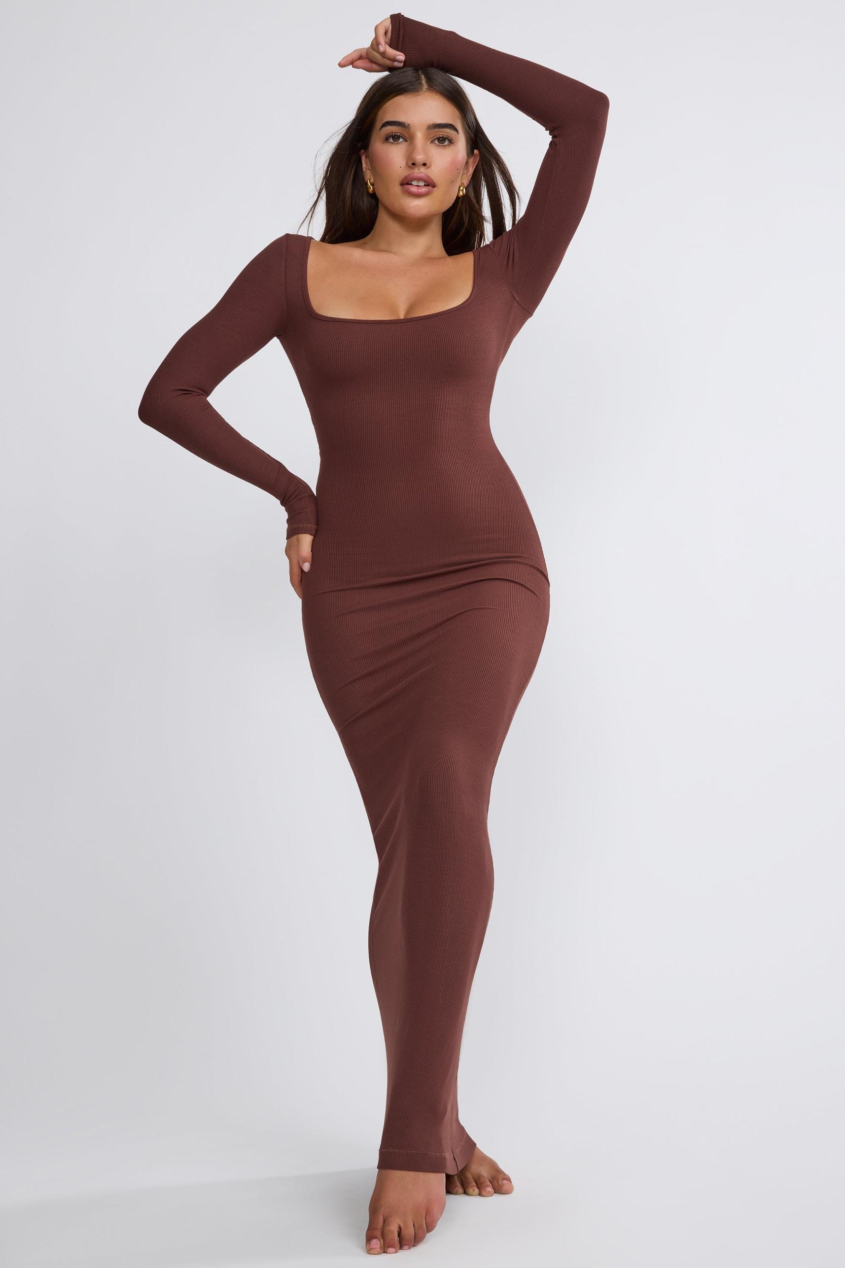 Ribbed Modal Long Sleeve Maxi Dress in Chocolate Product Image