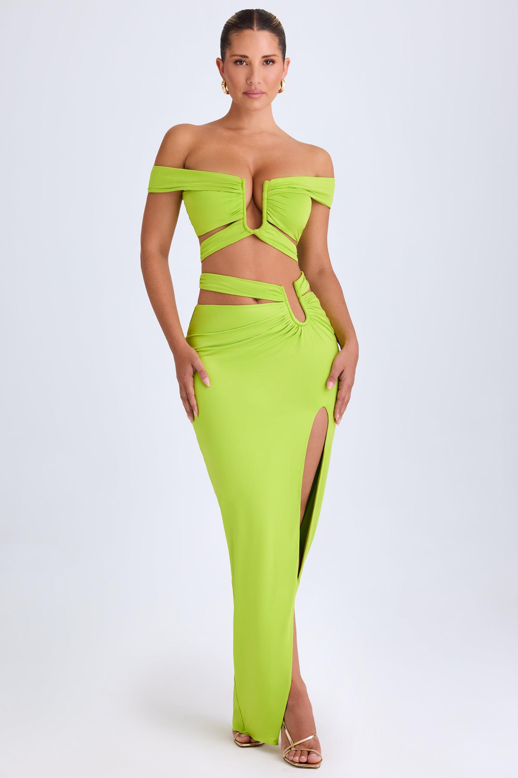 Asymmetric Cut-Out Maxi Skirt in Lime Green Female Product Image