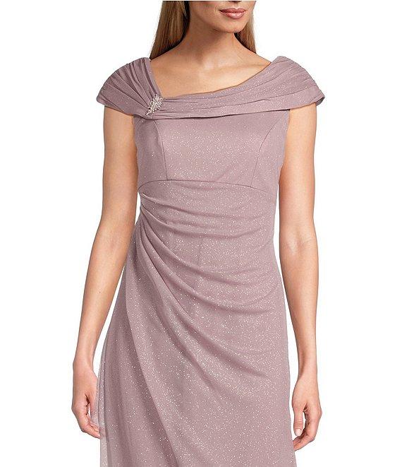 Alex Evenings Embellished Ruched Portrait Neck Cap Sleeve Glitter Mesh Sheath Dress Product Image