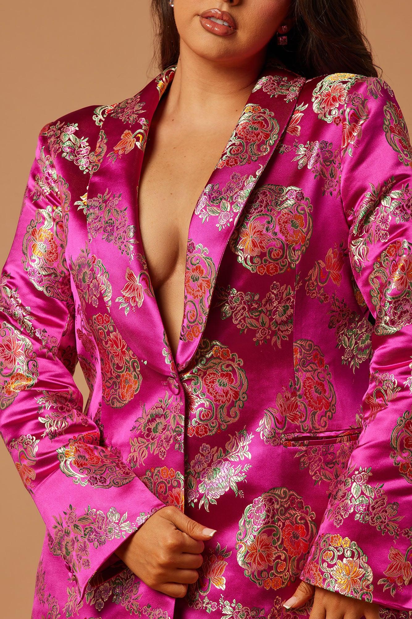 Margo Satin Embroidered Blazer Suit Set - Fuchsia Product Image