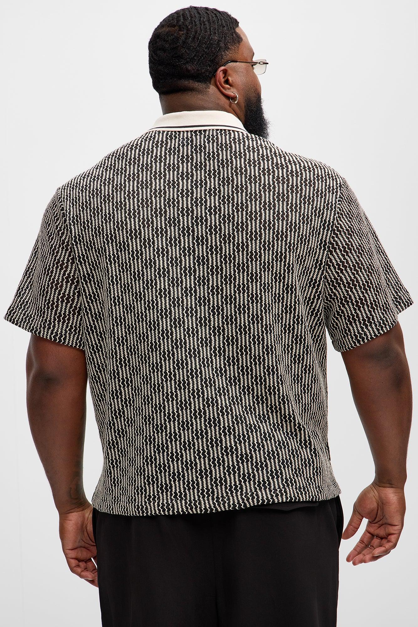 Zigzag Open Knit Crochet Cuban Shirt - Black/combo Product Image