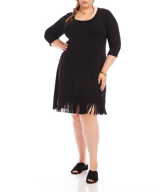 Karen Kane Plus Size Knit Jersey Scoop Neck 3/4 Sleeve Fringe Hem Dress Product Image