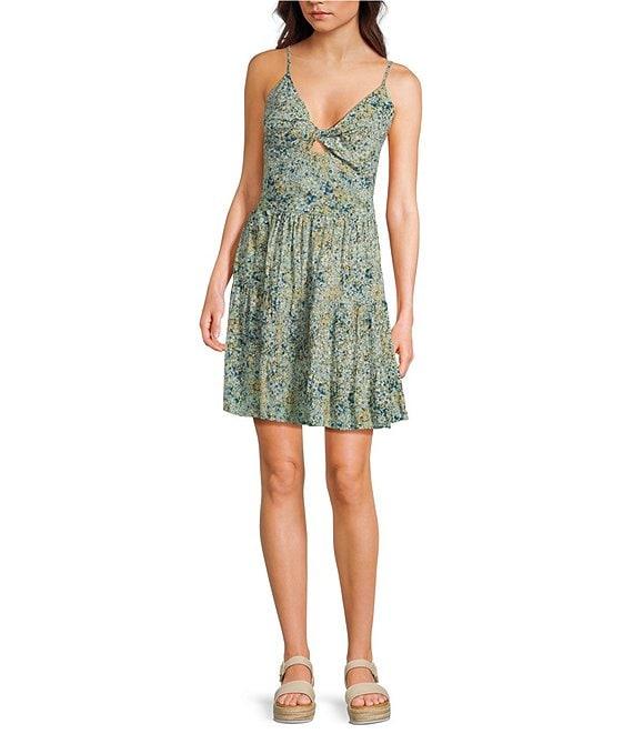 Angie Ditsy Floral V-Neck Spaghetti Strap Twist Front Keyhole Tiered Dress Product Image