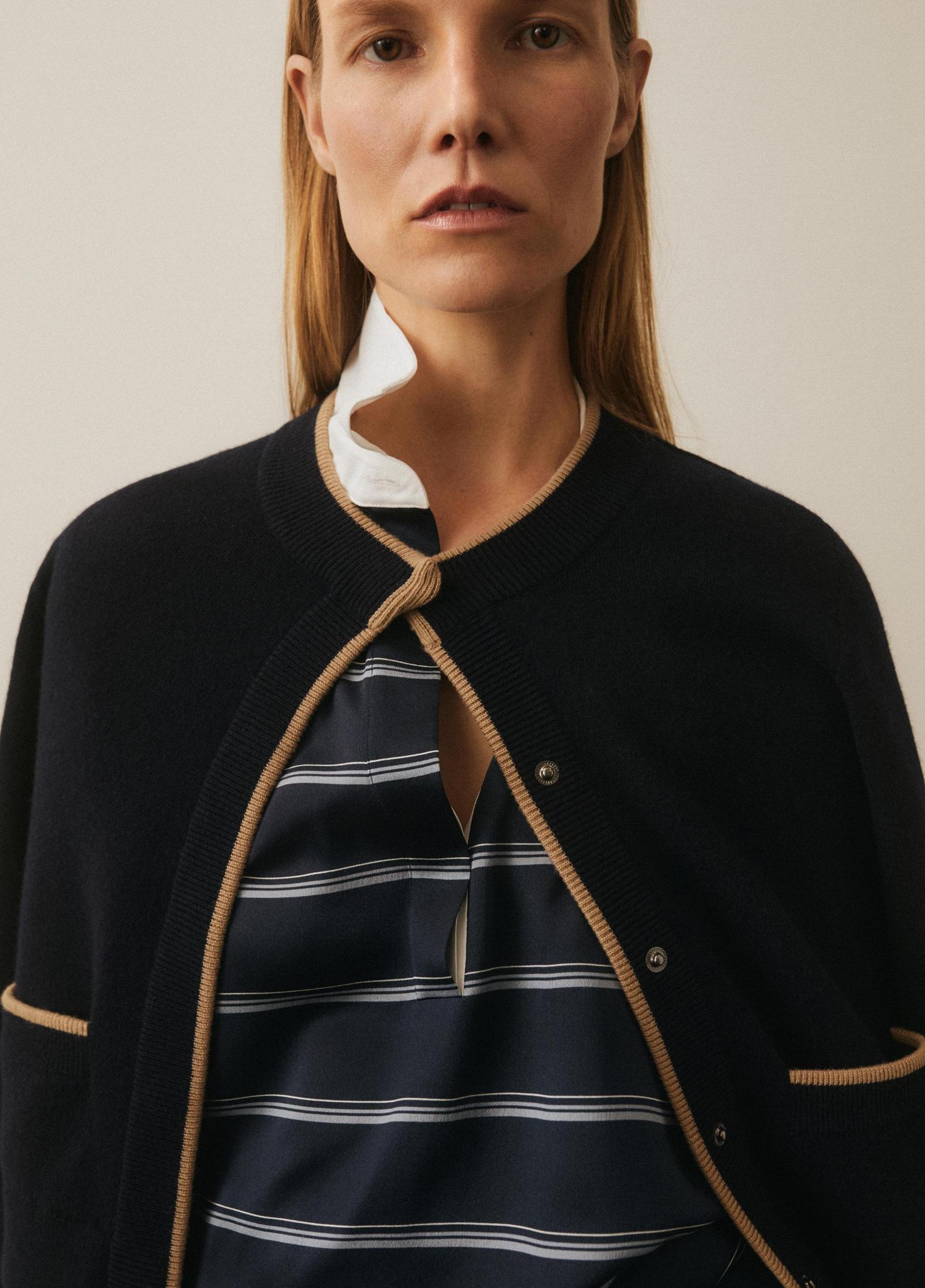 Contrast-Tipped Wool-Blend Snap Cardigan Product Image