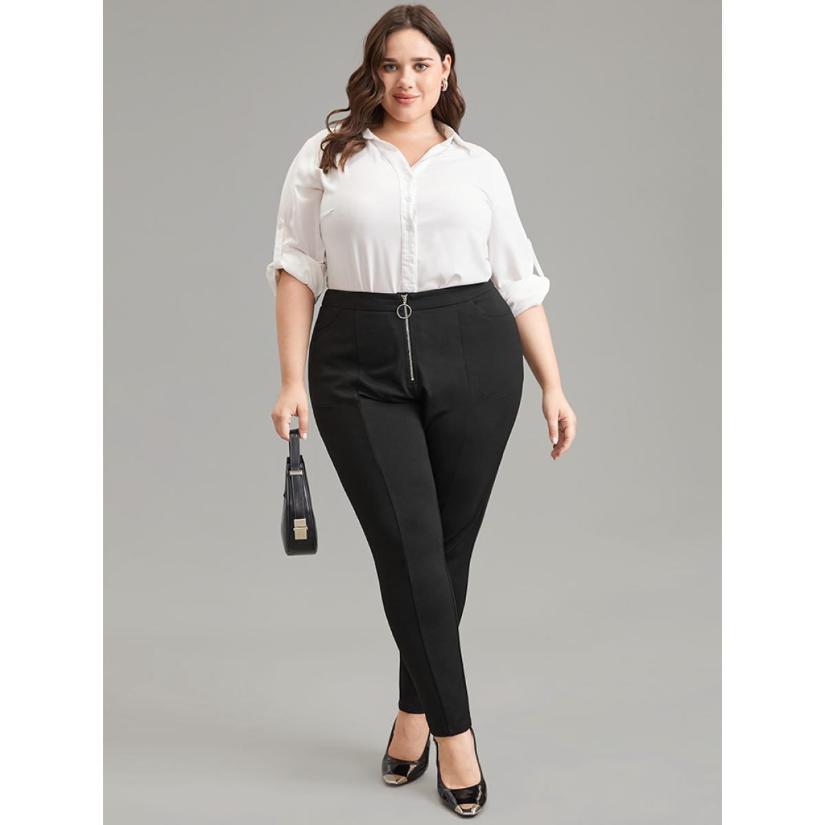 Plus Size O Ring Zipper High Rise Bodycon Pants Women Black Office Bodycon High Rise Office Pants BloomChic 22-24/3X Product Image