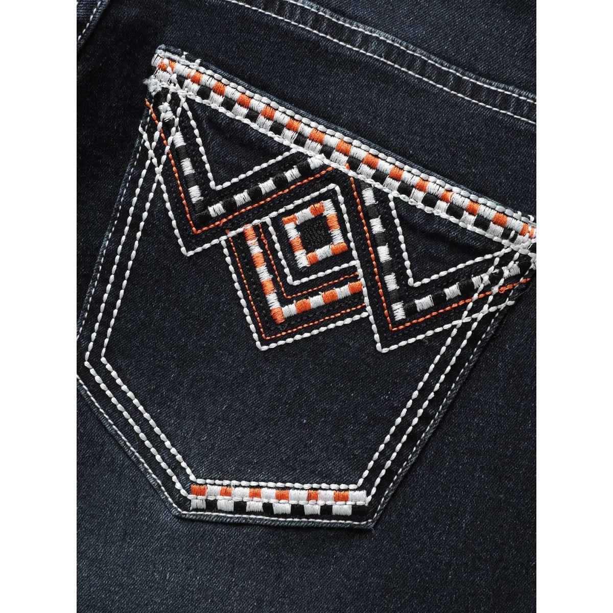 Plus Size Stretch Denim Embroided Pockets Flare Jeans Women Darkindigo Casual Embroidered Medium stretch Slanted pocket Jeans BloomChic 12/L Product Image