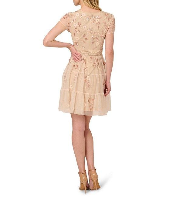 Adrianna Papell V-Neck Short Sleeve Beaded Mesh Tiered A-Line Dress Product Image