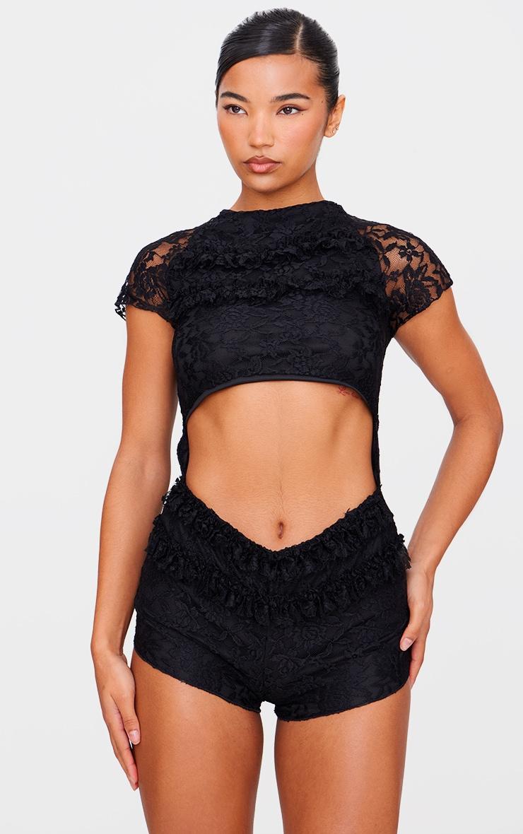 Black Lace Ruffle Detail Cut Out Rara Unitard Product Image
