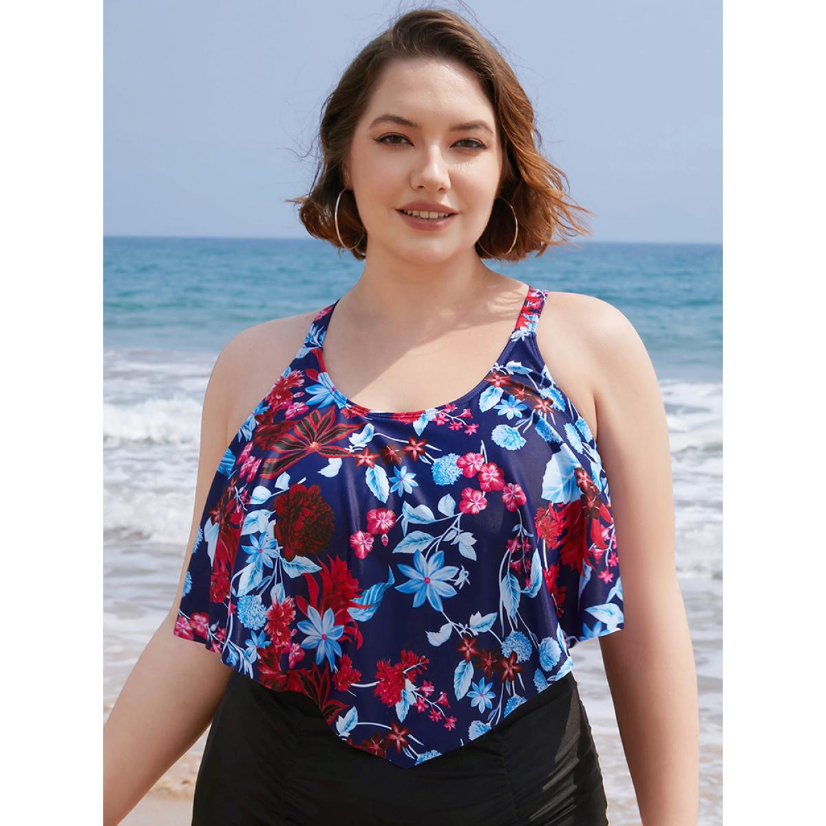 Plus Size Floral Crossover Back Asymmetrical Tankini Top Women's Swimwear Indigo Vacation Adjustable Straps High stretch Bodycon Round Neck Curve Swim Tops BloomChic 10/M Product Image