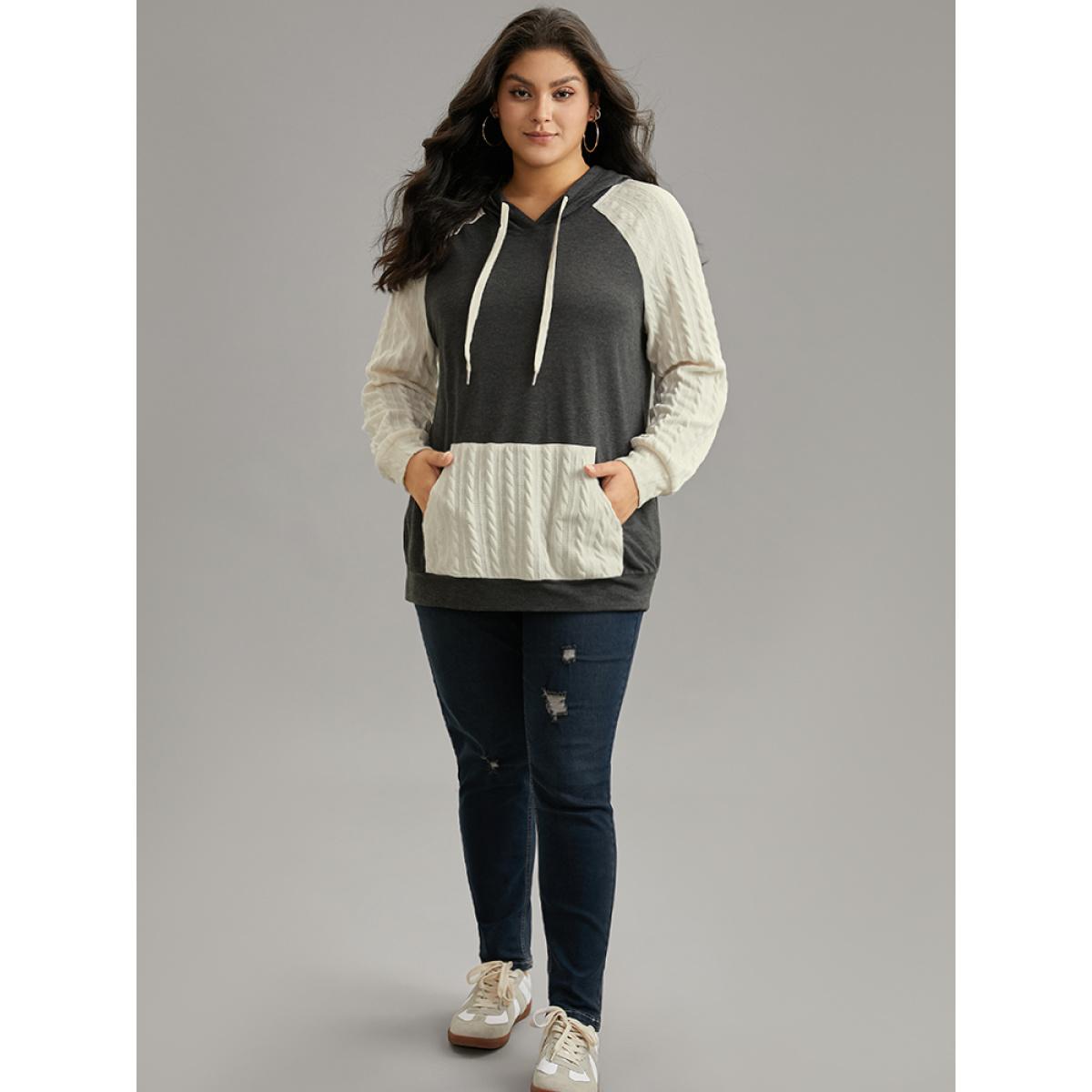 Plus Size Contrast Cable Knit Pocket Hooded Drawstring Sweatshirt Women Gray Casual Texture Hooded Everyday Sweatshirts BloomChic 28/5X Product Image