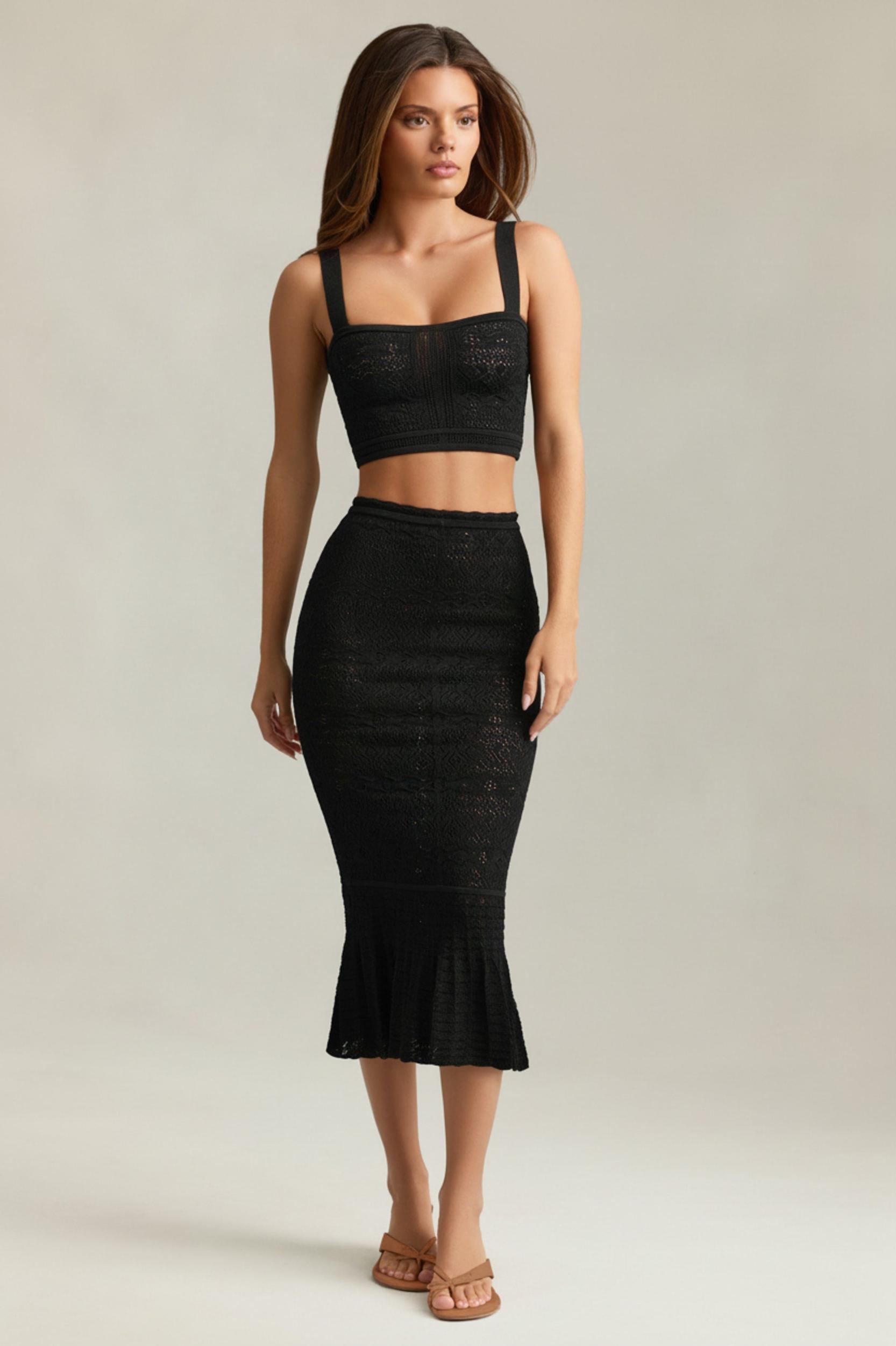 Ruffle-Trim Pointelle-Knit Midaxi Skirt in Black Product Image