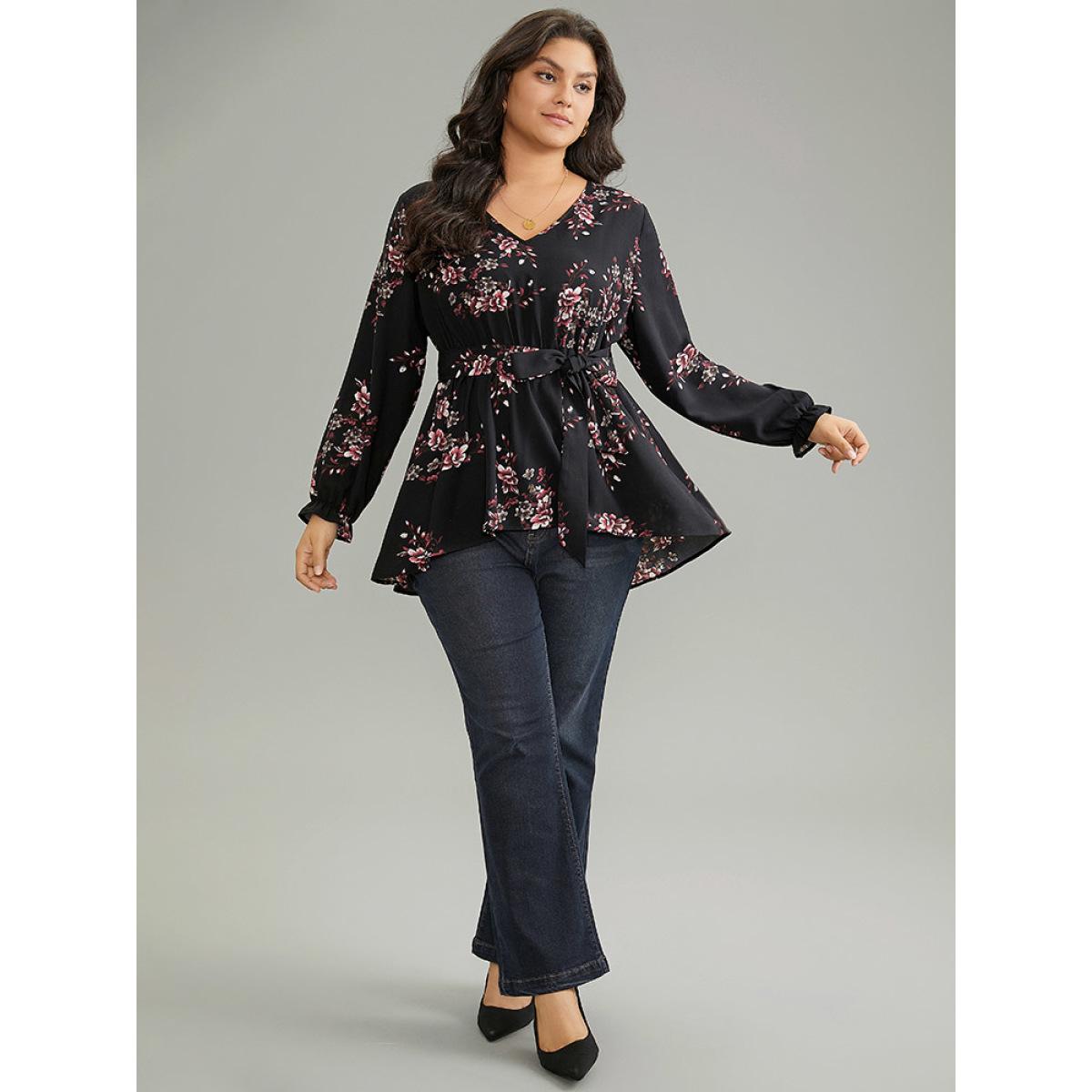 Plus Size BlackFlower Floral Elastic Waist Ruffles Ties Lantern Sleeve Blouse Women Elegant Long Sleeve V-neck Office Blouses BloomChic 26/4X Product Image