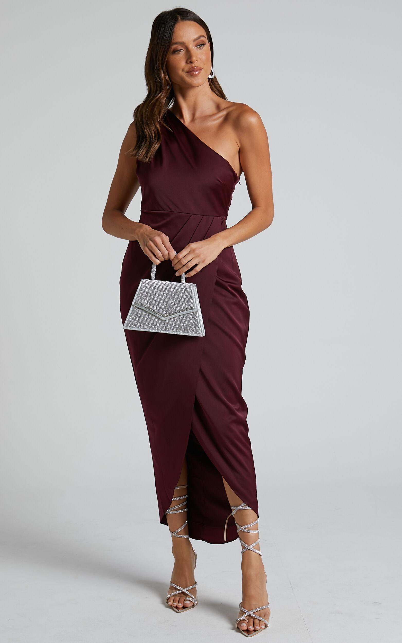 Felt So Happy Midi Dress - One Shoulder Drape Dress in Wine Product Image