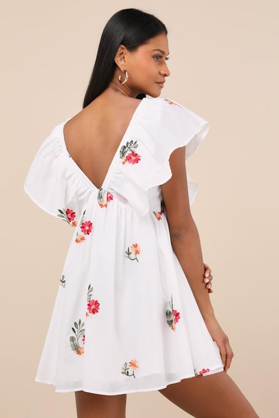 Kory White Embroidered Flutter Sleeve Mini Dress Product Image