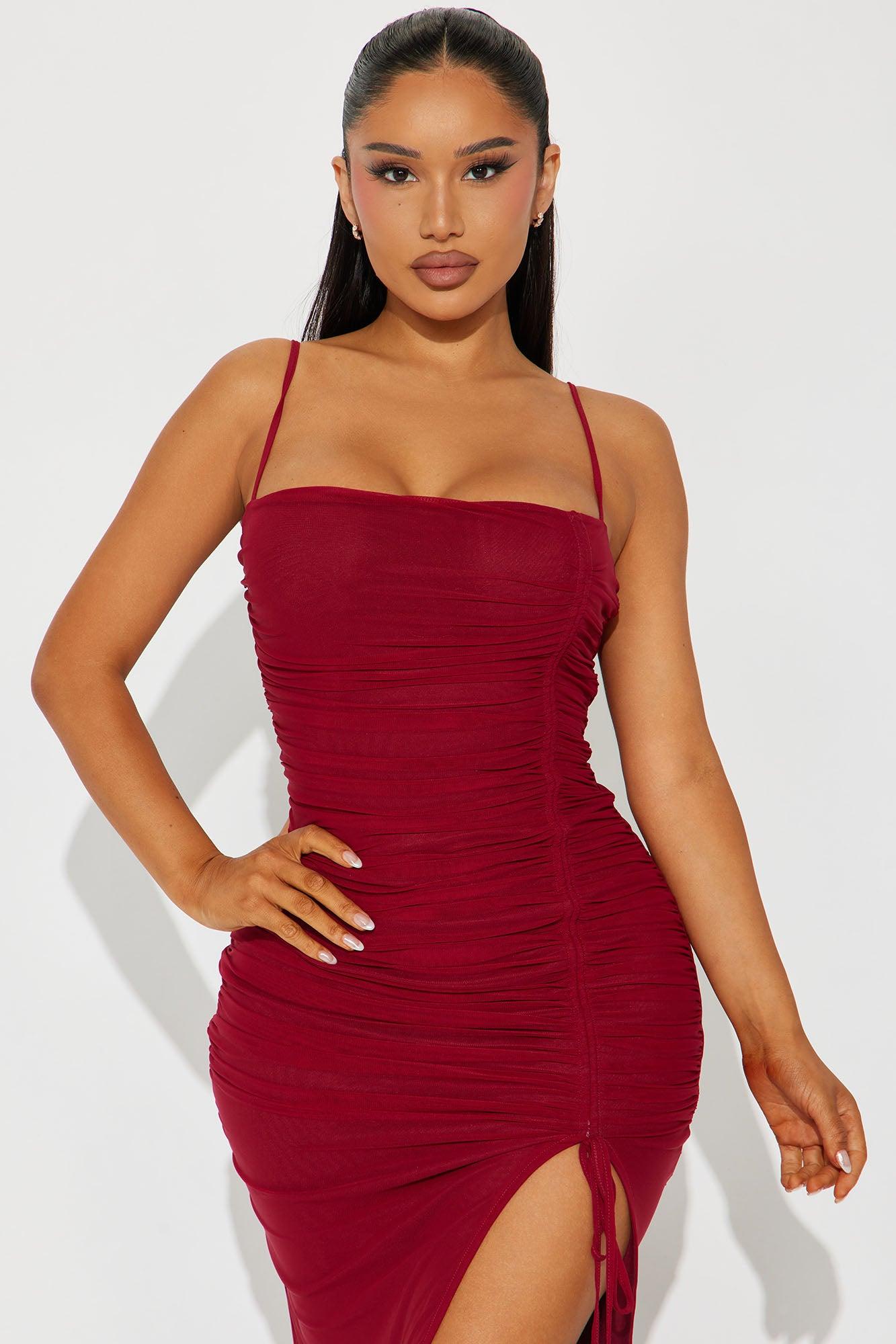 Elle Mesh Midi Dress - Burgundy Product Image