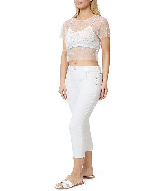 Stevie by Steve Madden Faux Pearl Stone Embellished Sheer Mesh Short Sleeve Crop Top Product Image