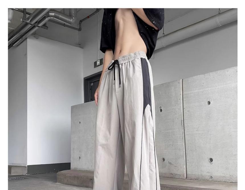 Drawstring Waist Two Tone Panel Straight Leg Track Pants Product Image