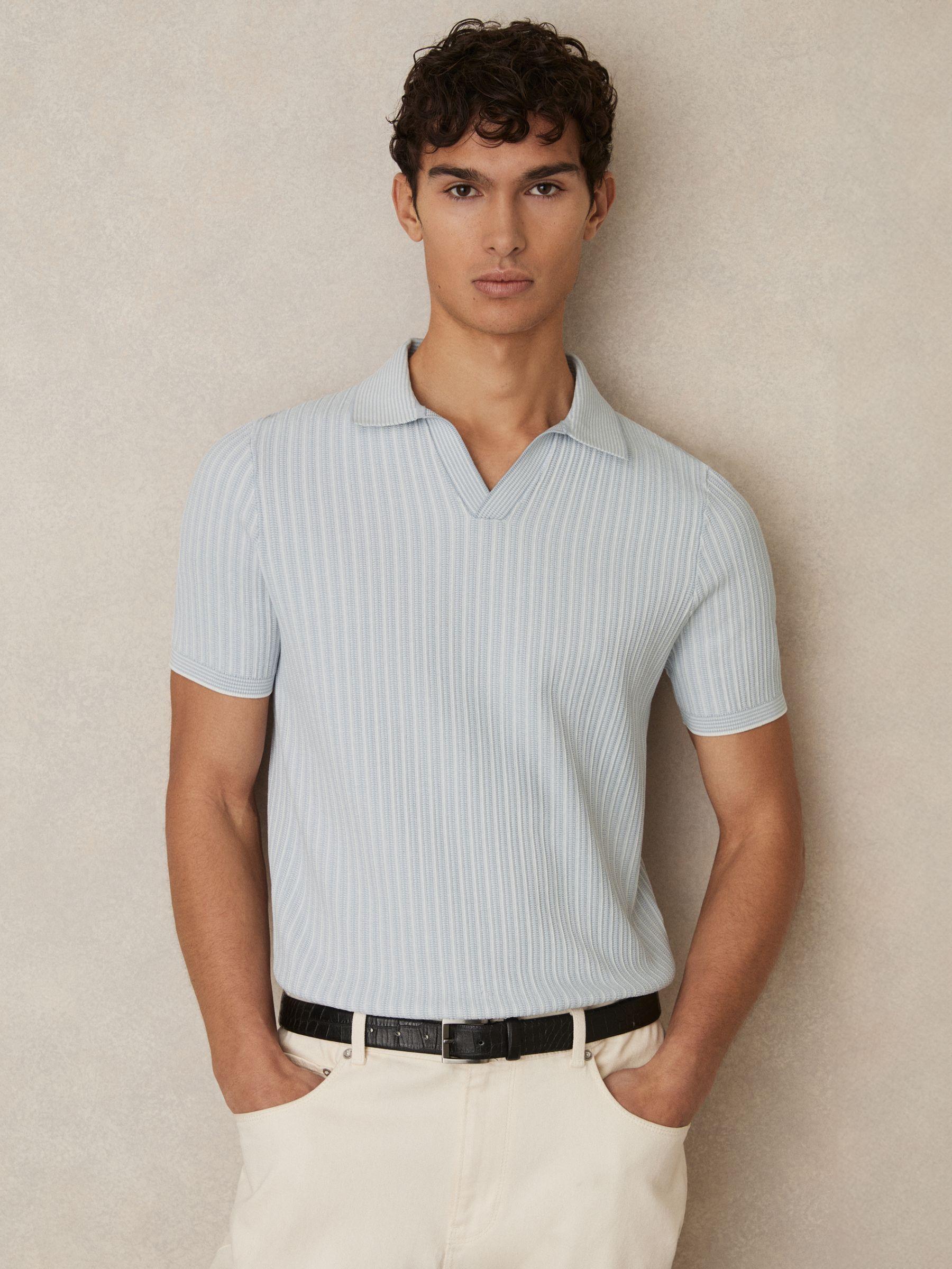 Open-Collar Textured Polo Shirt in Soft Blue/White Product Image