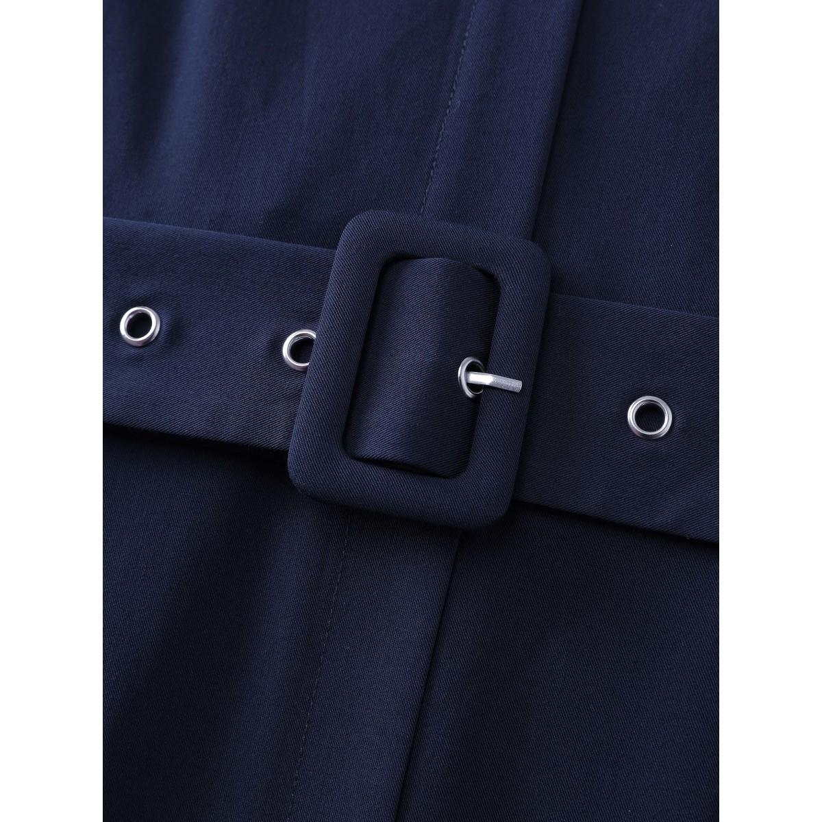 Plus Size Color Contrast Cuffs Belted Midi Dress DarkBlue Women Shirt collar Elbow-length sleeve Curvy BloomChic 26/4X Product Image