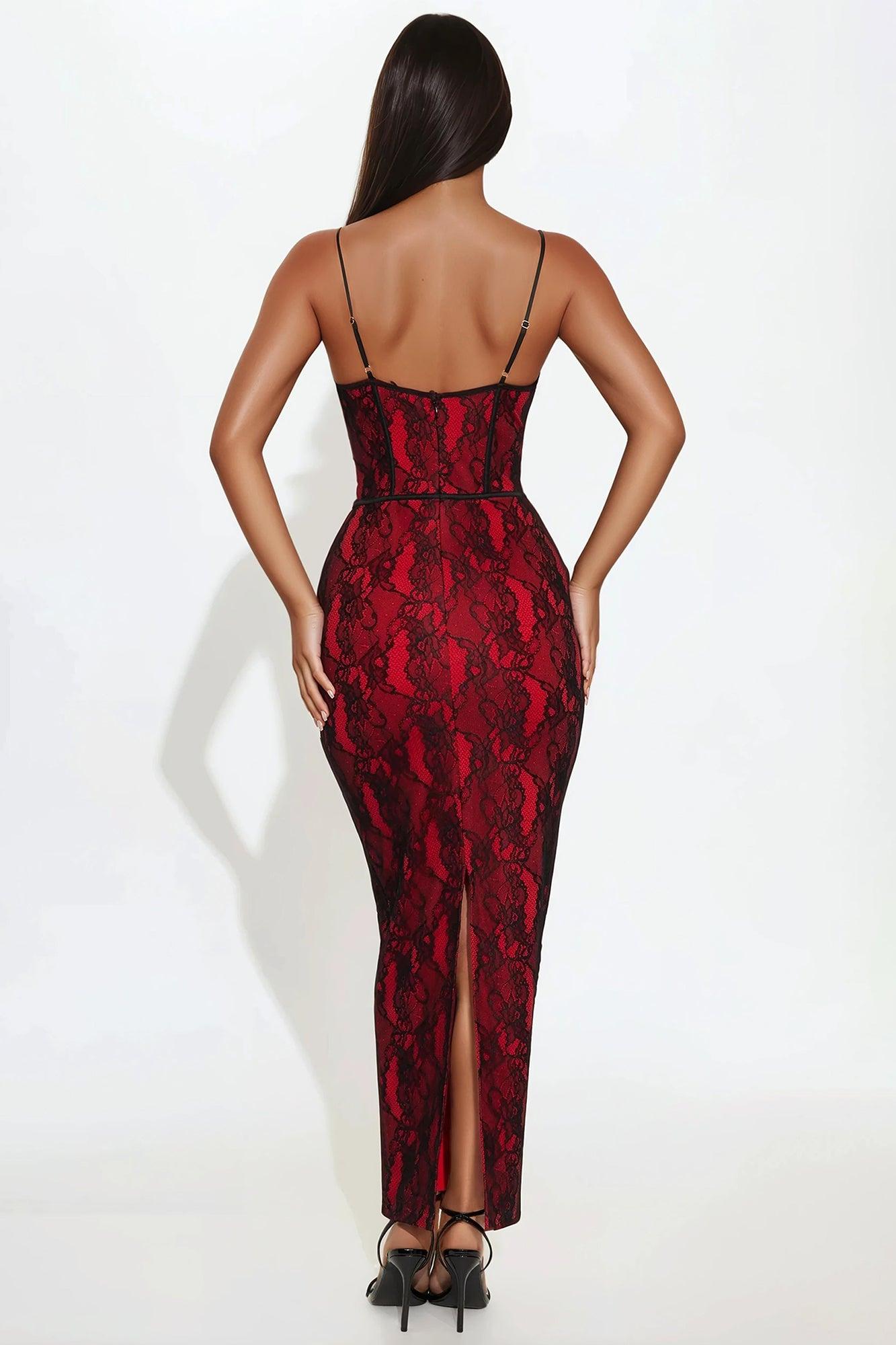 Head Turner Lace Maxi Dress - Red/Black Product Image