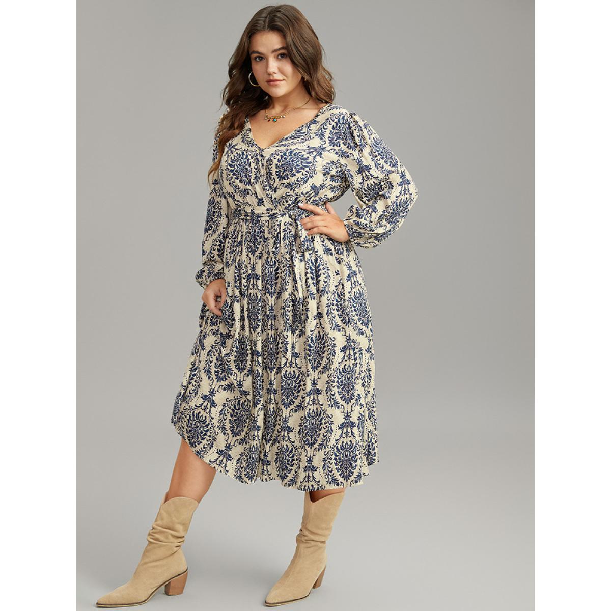 Plus Size Supersoft Essentials Boho Print Elastic Waist Belted Dress Indigo Women Vacation Elastic cuffs Overlap Collar Long Sleeve Curvy Midi Dress BloomChic 12/L Product Image