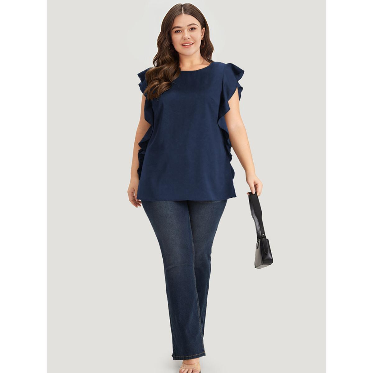 Plus Size Indigo Solid Crew Neck Ruffle Trim Blouse Women Office Cap Sleeve Round Neck Work Blouses BloomChic 12/L Product Image