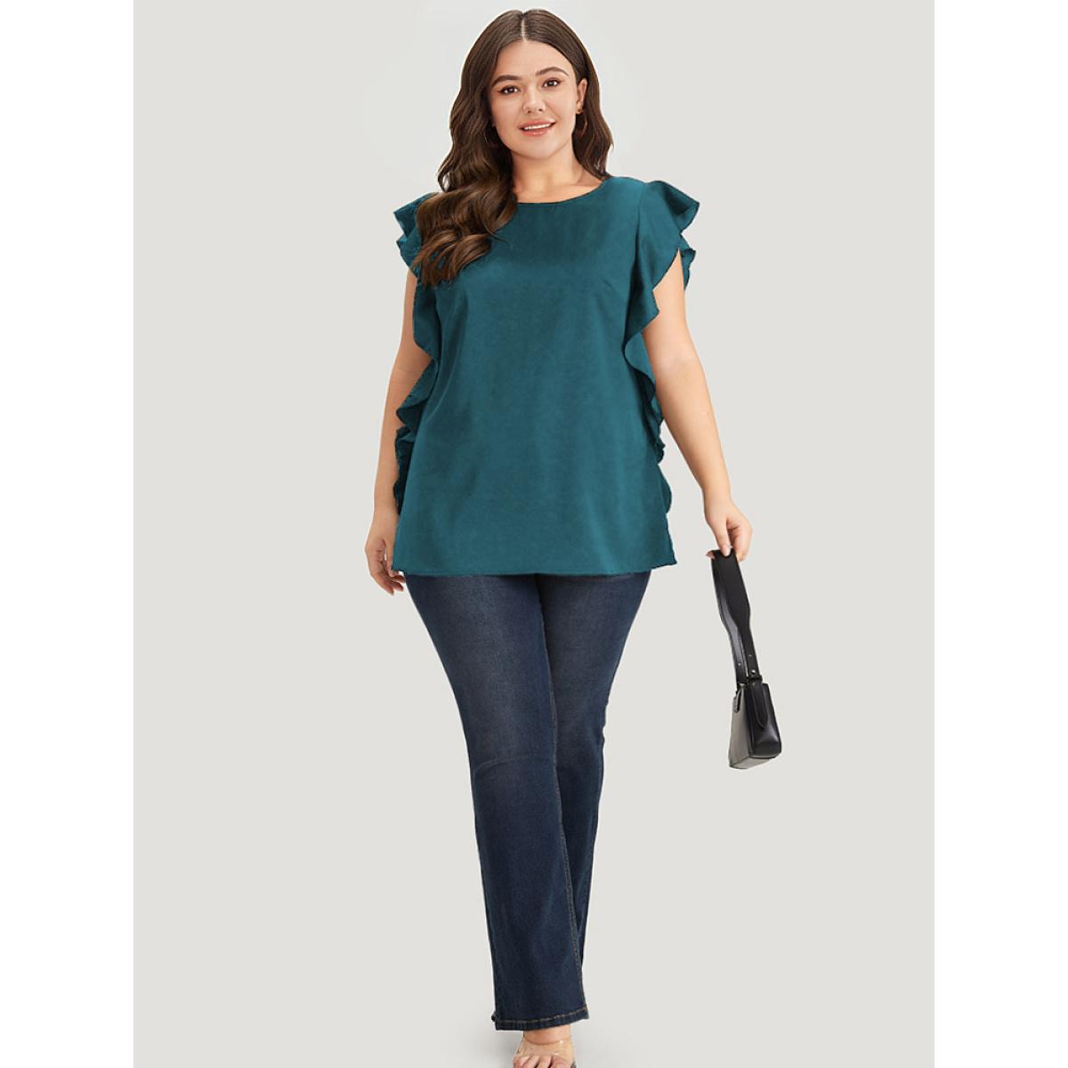 Plus Size Cyan Solid Crew Neck Ruffle Trim Blouse Women Office Cap Sleeve Round Neck Work Blouses BloomChic 30/6X Product Image