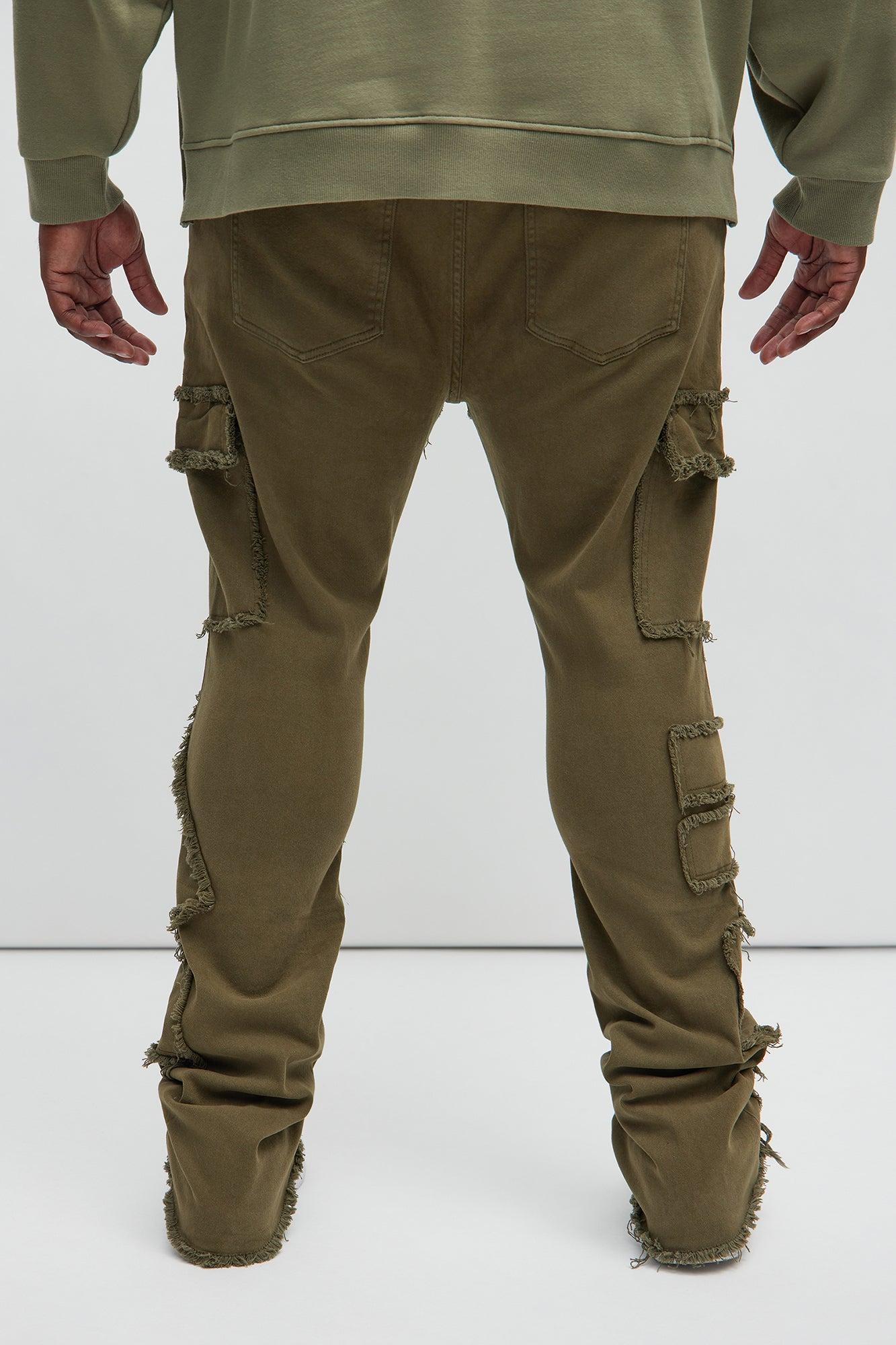 Trapping Frayed Stacked Skinny Flare Pants - Olive Product Image