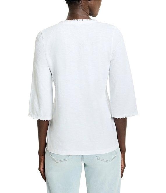 NIC + ZOE Knit V-Neck Elbow Sleeve Fringe Trim Tee Product Image
