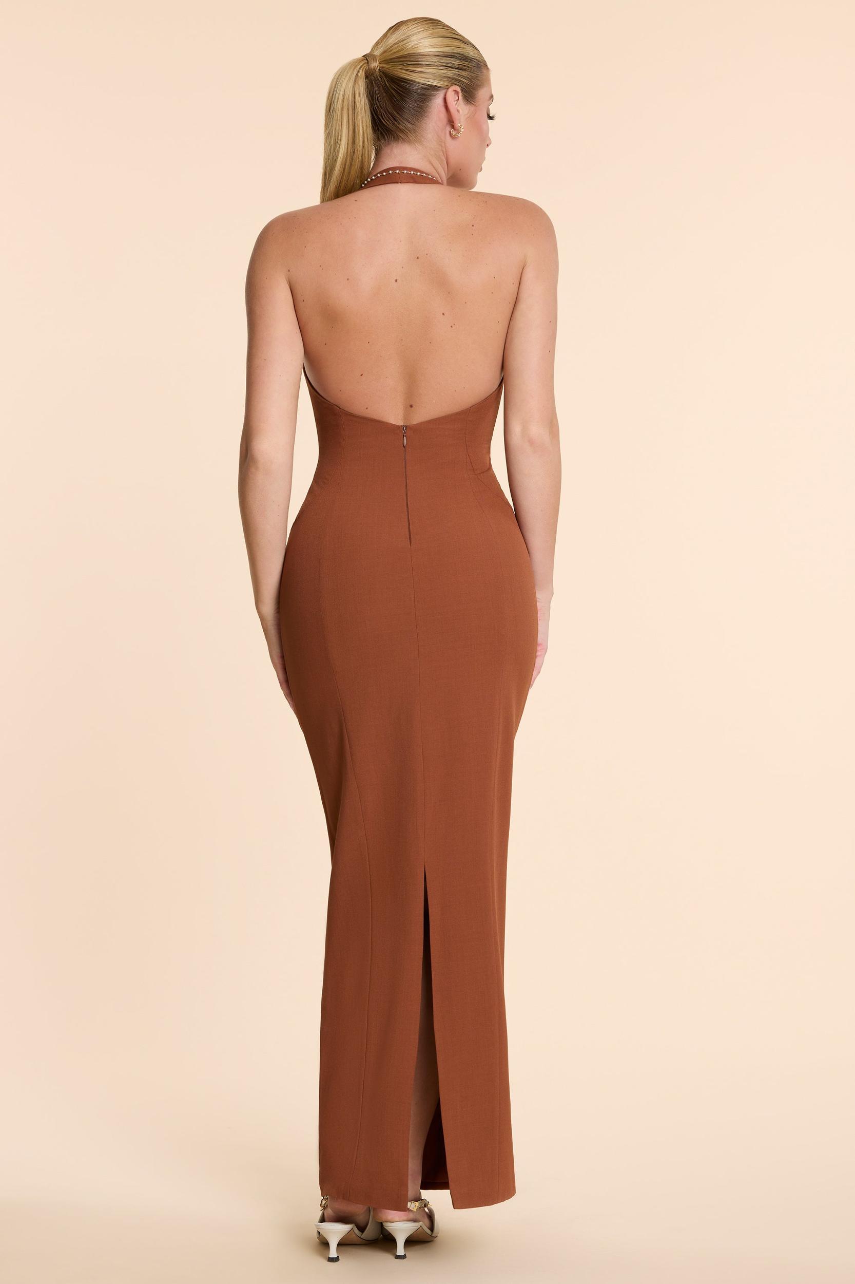 Woven Twill Halter Neck Plunge Maxi Dress in Chestnut Brown Product Image