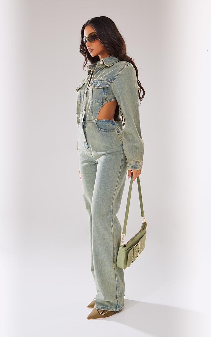 Petite Vintage Wash Denim Cut Out Waist Jumpsuit Product Image