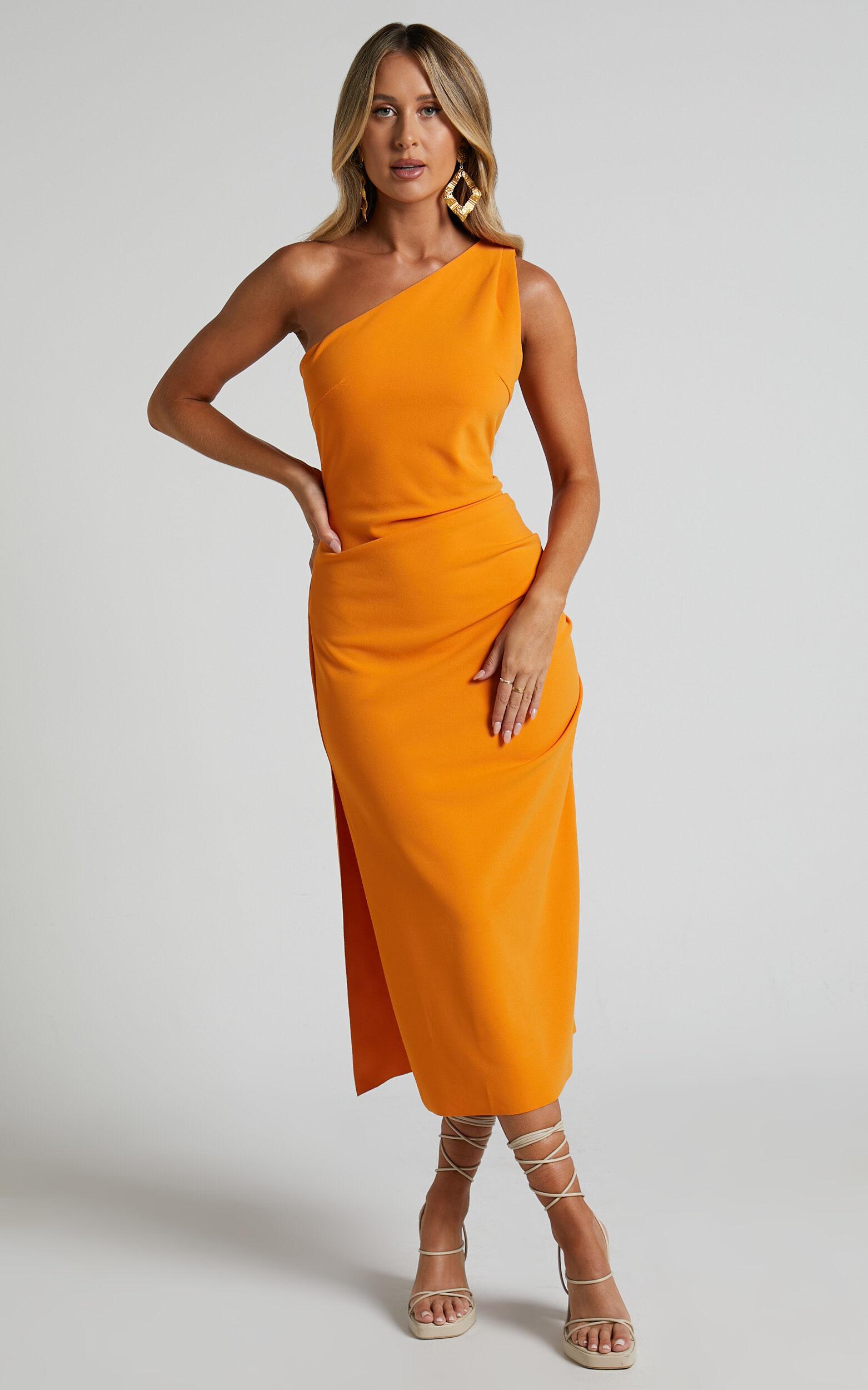 Monette Midi Dress - One Shoulder Straight Dress in Orange Product Image