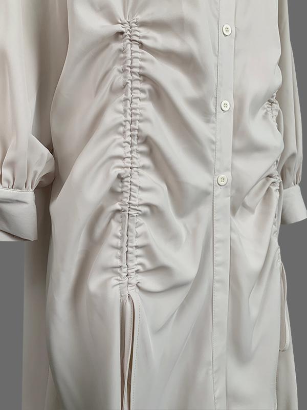 High-Low Long Sleeves Buttoned Drawstring Pleated Pockets Solid Color Lapel Midi Dresses Product Image