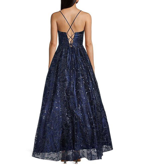 Blondie Nites Glitter Mesh Leaf Print Sweetheart Neck X-Back Tie Back A-Line Ball Gown Product Image
