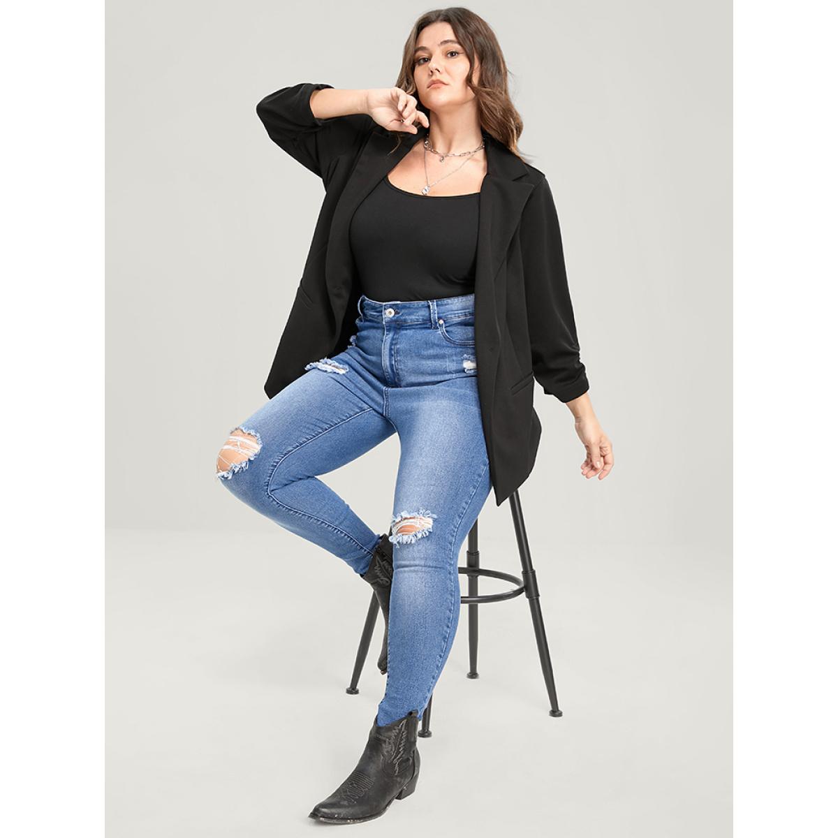 Plus Size Skinny Very Stretchy High Rise Asymmetrical Distressed Jeans Women Blue Casual Plain High stretch Pocket Jeans BloomChic 20/2X Product Image