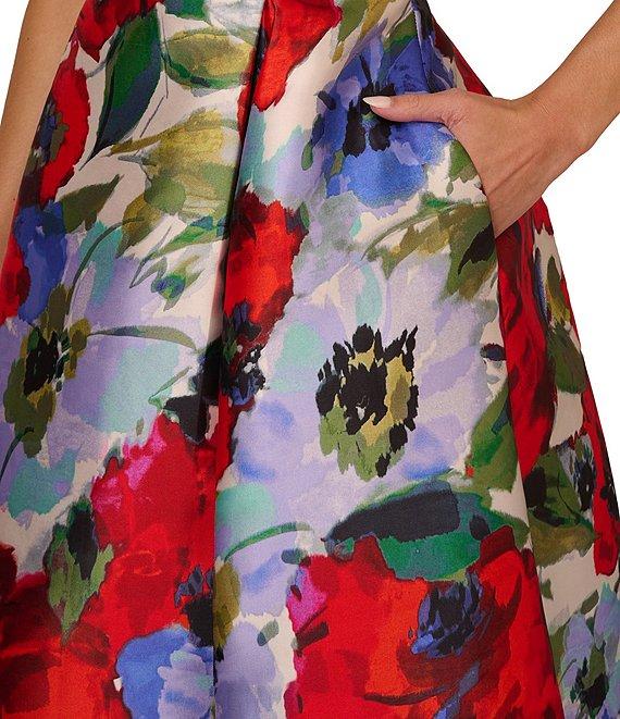 Adrianna Papell Floral Mikado Boat Neck Sleeveless Side Seam Pocket Fit & Flare Midi Dress Product Image