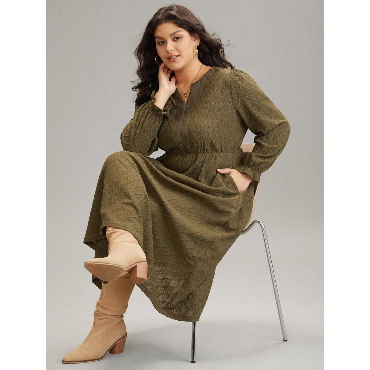 Plus Size Textured Jacquard Notched Ruffle Sleeve Dress DarkBrown Women At the Office Texture Notched collar Long Sleeve Curvy Midi Dress BloomChic 26/4X Product Image