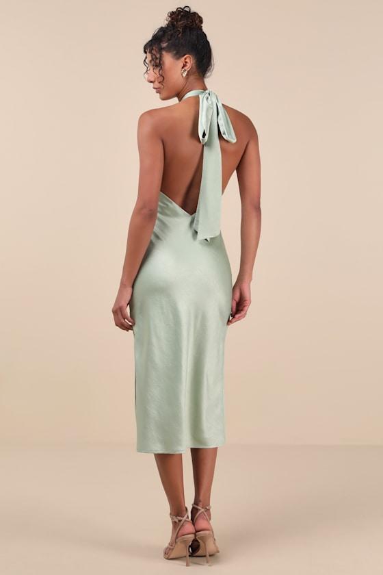 Angelique Sage Satin Backless Halter Midi Dress Product Image