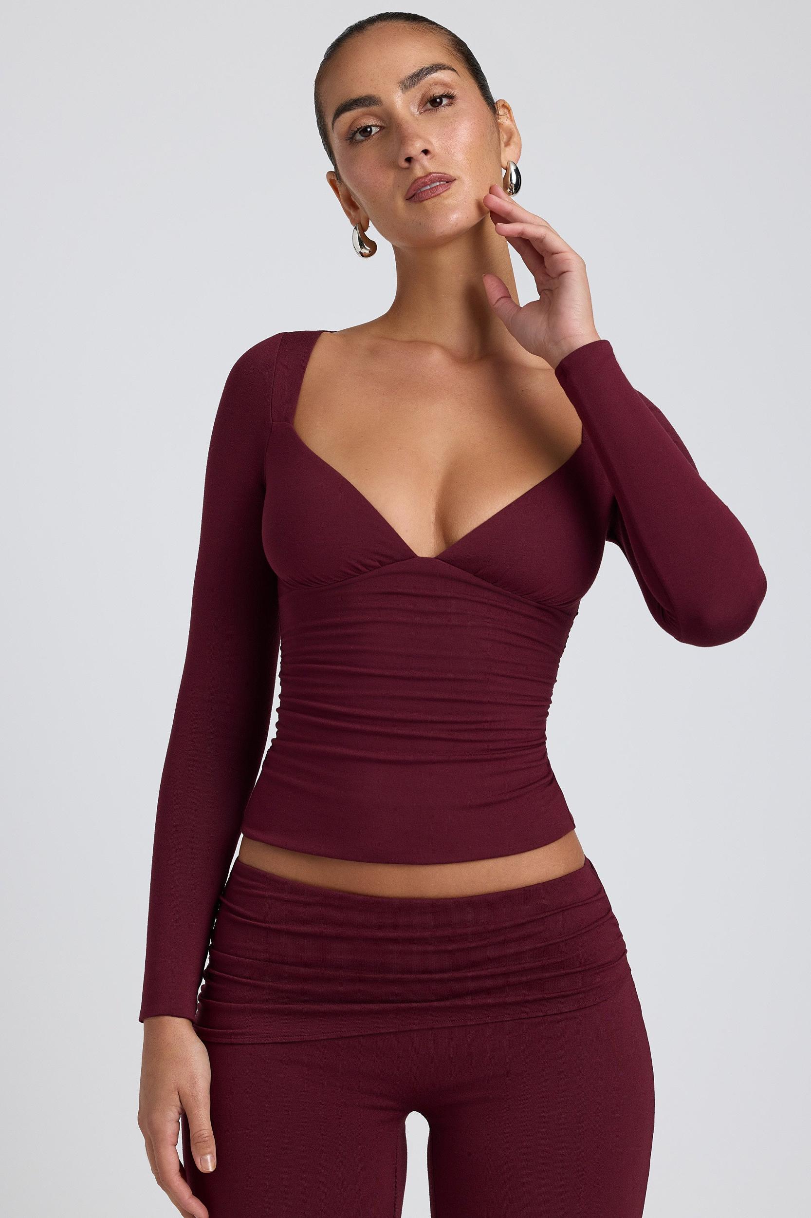 Modal Ruched Long-Sleeve Top in Plum Product Image