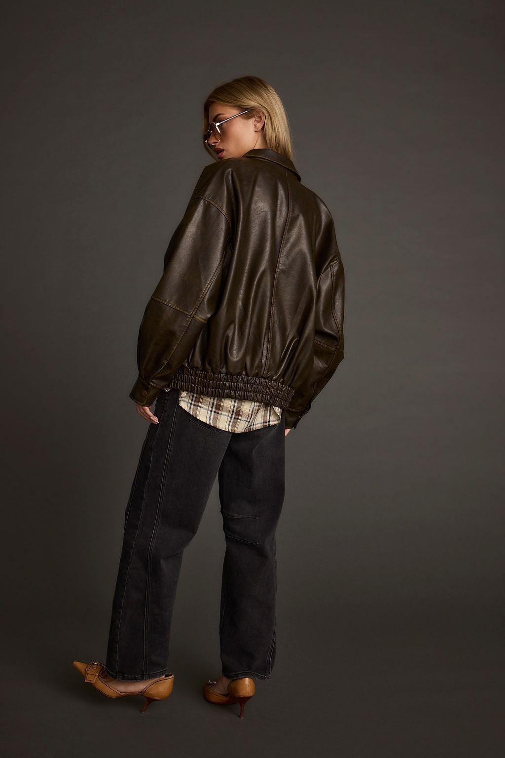 London Calling Brown Oversized Faux Leather Jacket Product Image