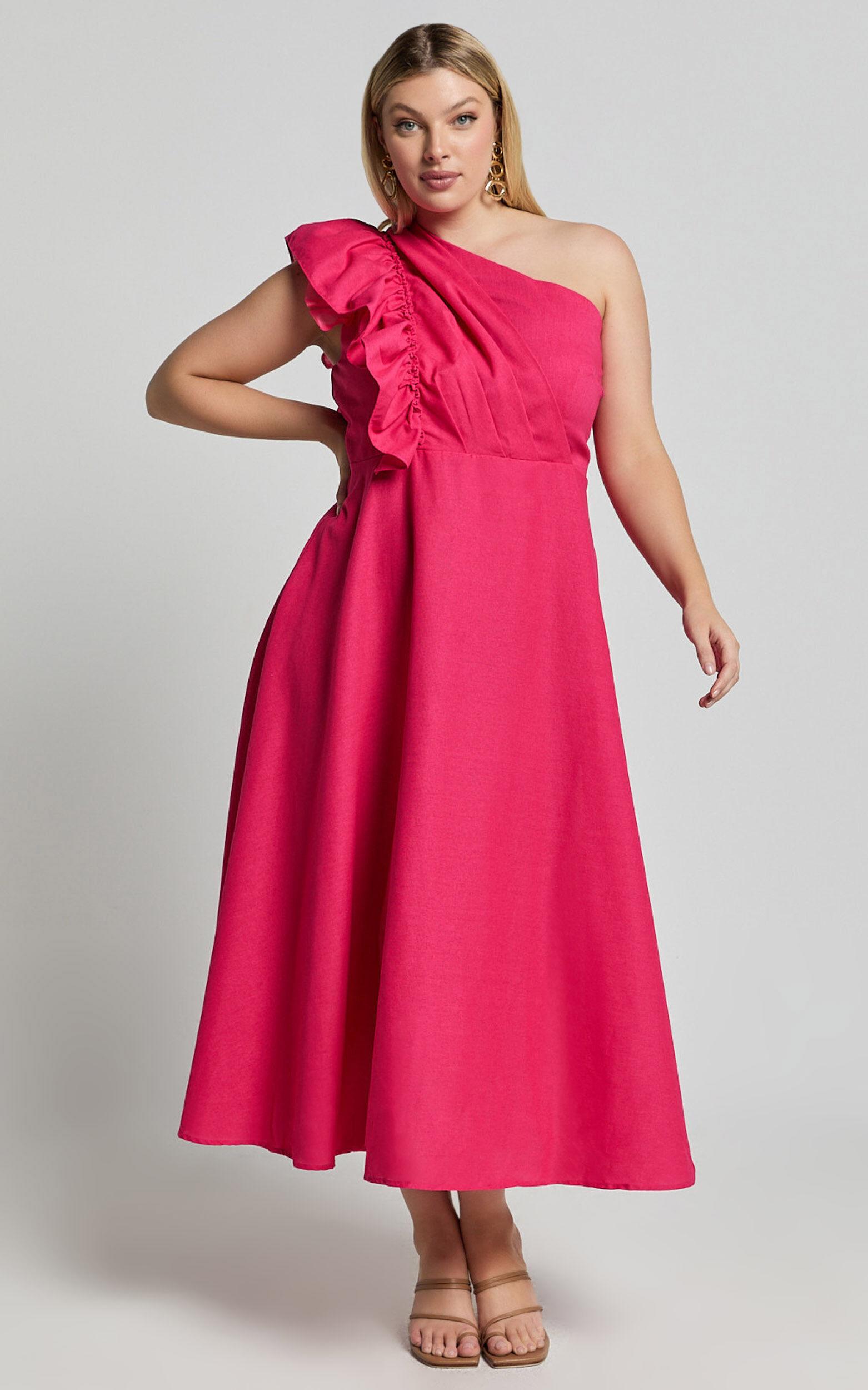 Dixie Midi Dress - Linen Look One Shoulder Ruffle Dress in Raspberry Product Image