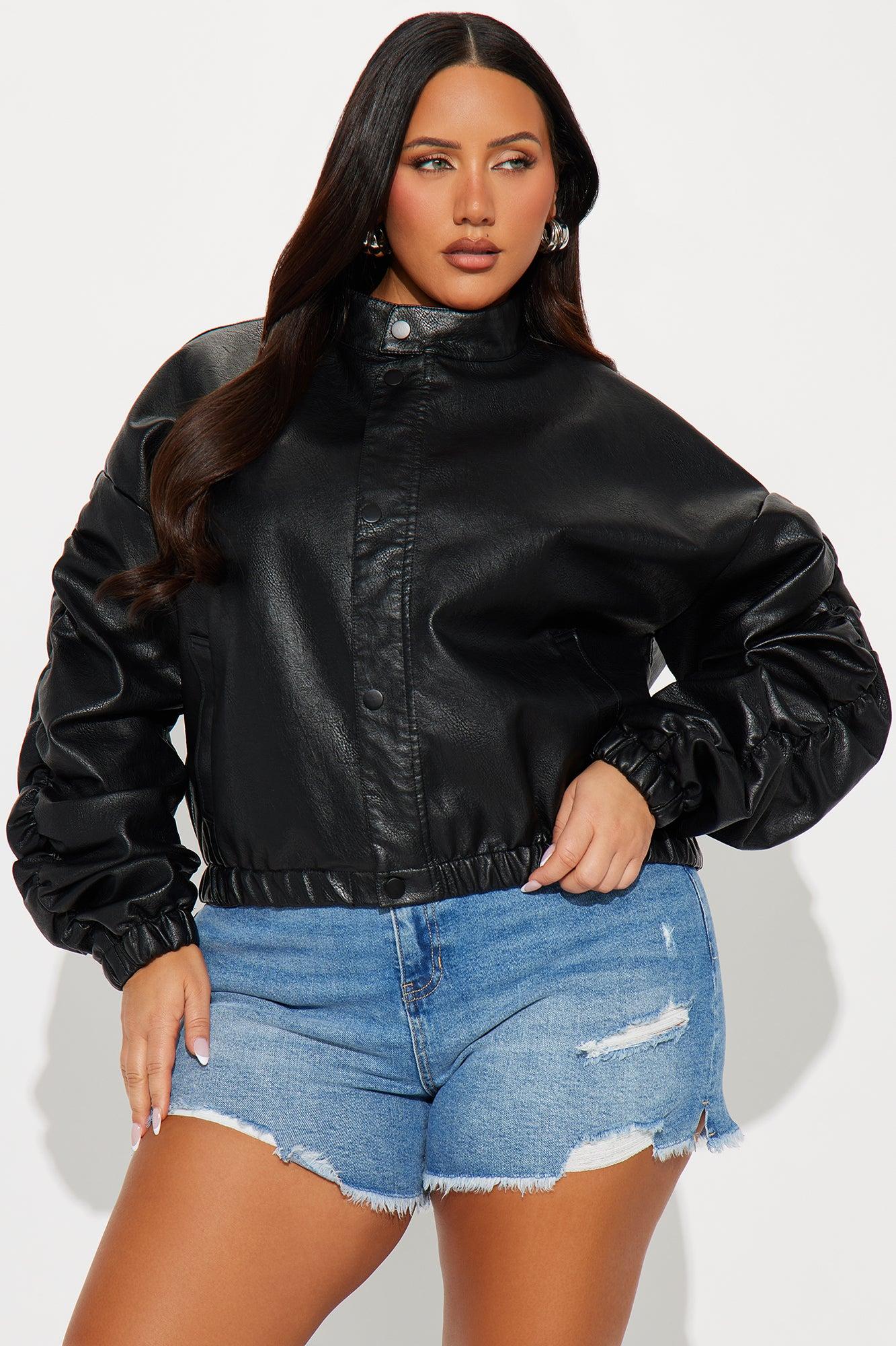 Chloe Ruched Faux Leather Bomber Jacket - Black Product Image