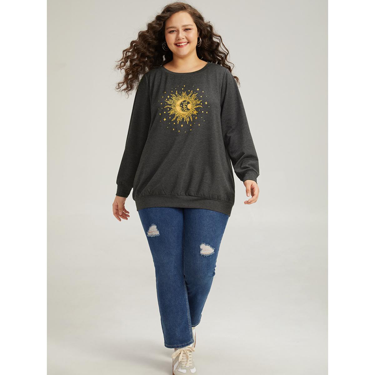 Plus Size Moon and Star Print Crew Neck Elastic Cuffs Sweatshirt Women Gray Casual Elastic cuffs Dailywear Sweatshirts BloomChic 26/4X Product Image