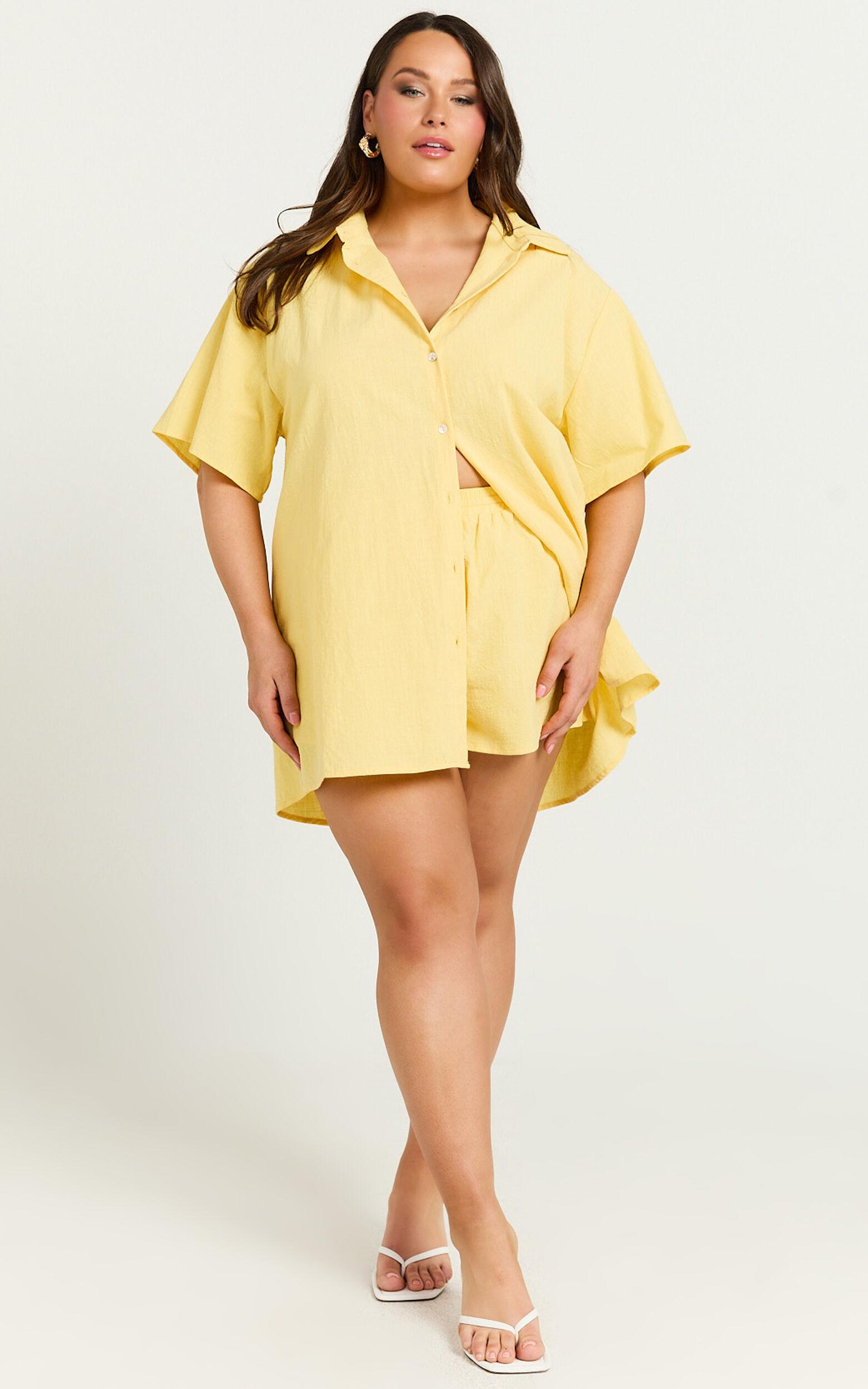 Vina Del Mar Two Piece Set - Linen Look Shirt and Shorts Set in Yellow Product Image
