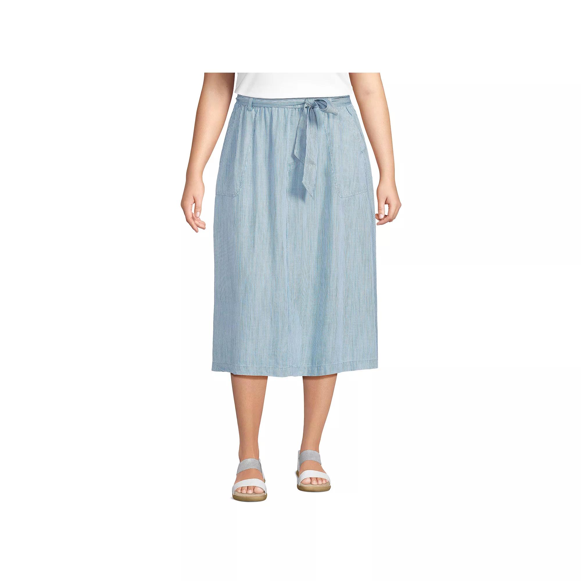 Plus Size Lands' End Tencel Tie Waist Midi Skirt, Women's, Size: 3XL, Navy White Stripe Product Image