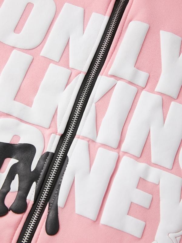 Street Letter Flame Print Zip Up Oversized Hoodie Product Image